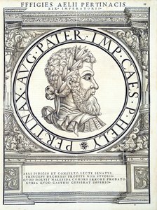 Aelius Pertinax, illustration from Imperatorum Romanorum Omnium Orientalium et Occidentalium Verissimae Imagines ex Antiquis Numismatis by Hans Rudolf Manuel Deutsch